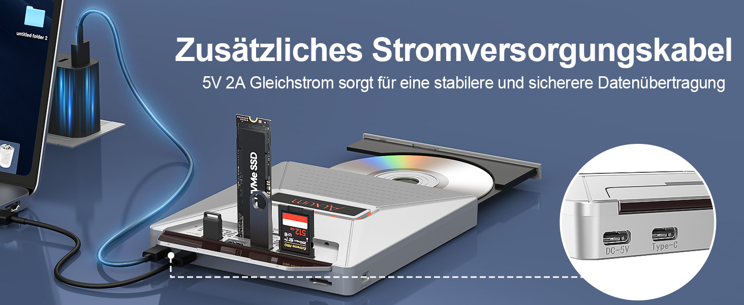 Зовнішній DVD-привід Alxum USB-C 3.0 та USB: CD/DVD плеєр і записувач для ноутбука з картридером SD/TF та додатковим USB-портом, Plug & Play, чорний