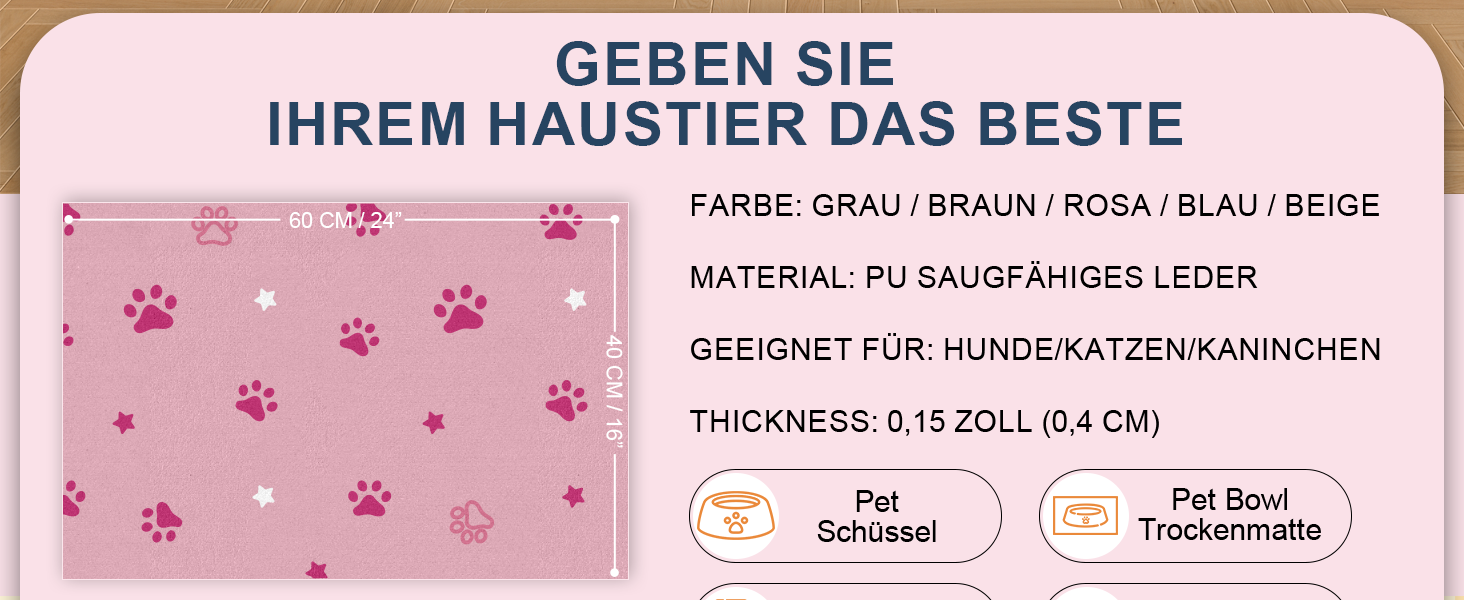 Килимок під миску для собак BLESWIN 30x50 см, вбираючий, нековзний, для цуценят, рожевий зі зірками