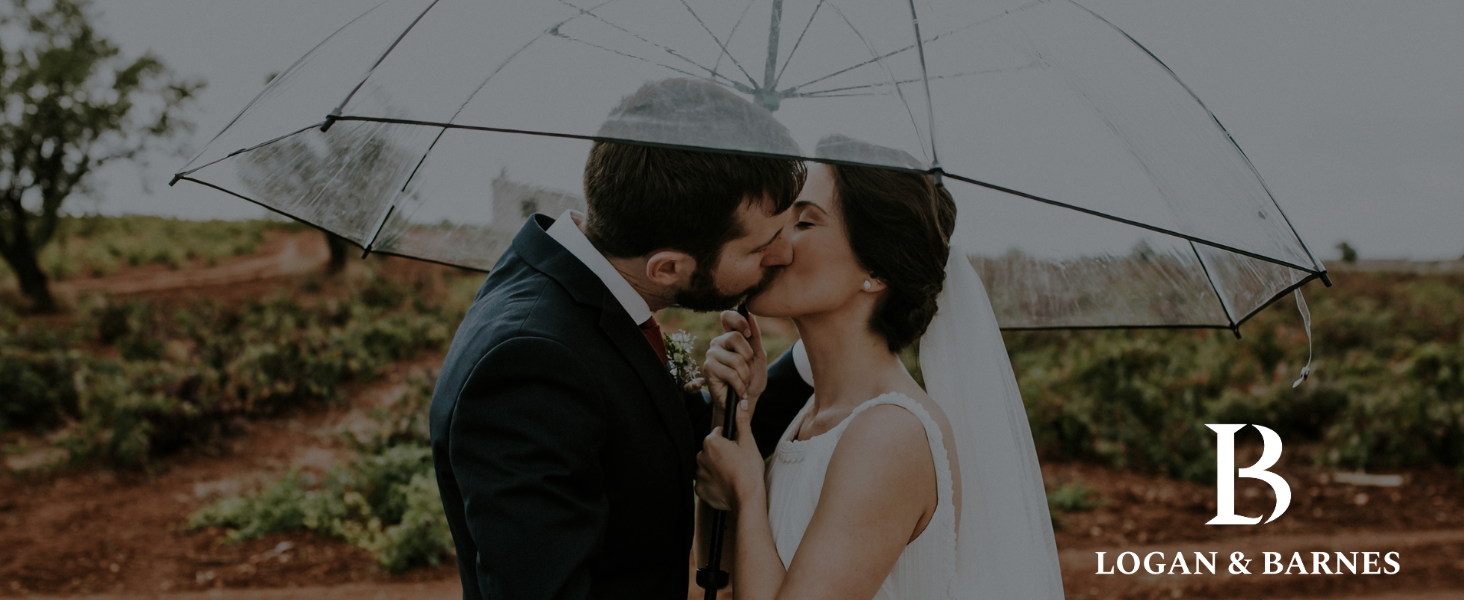 Logan & Barnes Transparent Wedding Umbrella with Real Wood Handle - 120cm Large Umbrella for 2 People - Cardiff XL Model - 120cm Transparent Umbrella with Black Trim