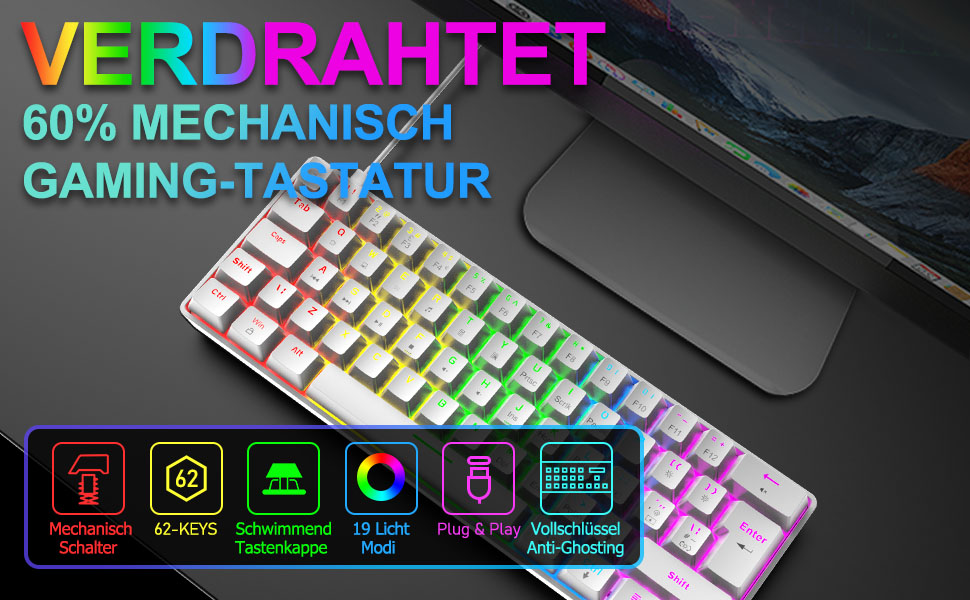 Ігрова клавіатура та миша UK-Layout з підсвічуванням RGB, 62 клавіші, механічна, 6400 DPI (чорний/червоний або білий/синій перемикач)