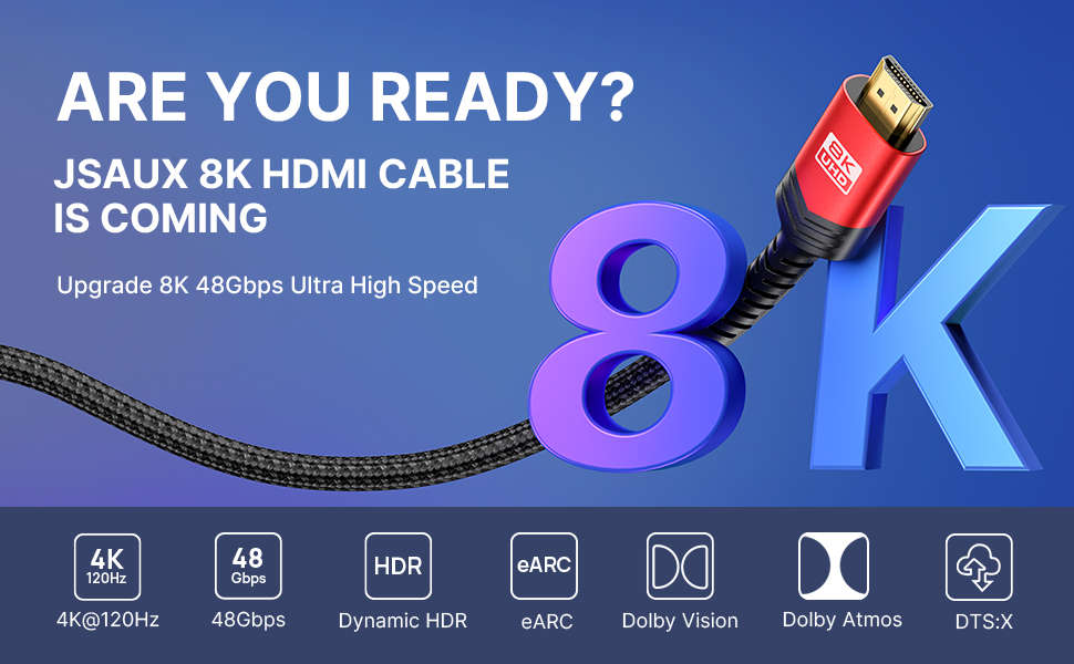 Кабель HDMI 8K JSAUX 3 метри, HDMI 2.1, 48Gbps, 8K@60Hz, 4K@120Hz, HDR, eARC, Dolby Vision, 3D, VRR, сумісний з PS4 Pro, PS5, TV, Blu-ray, проектор, червоний