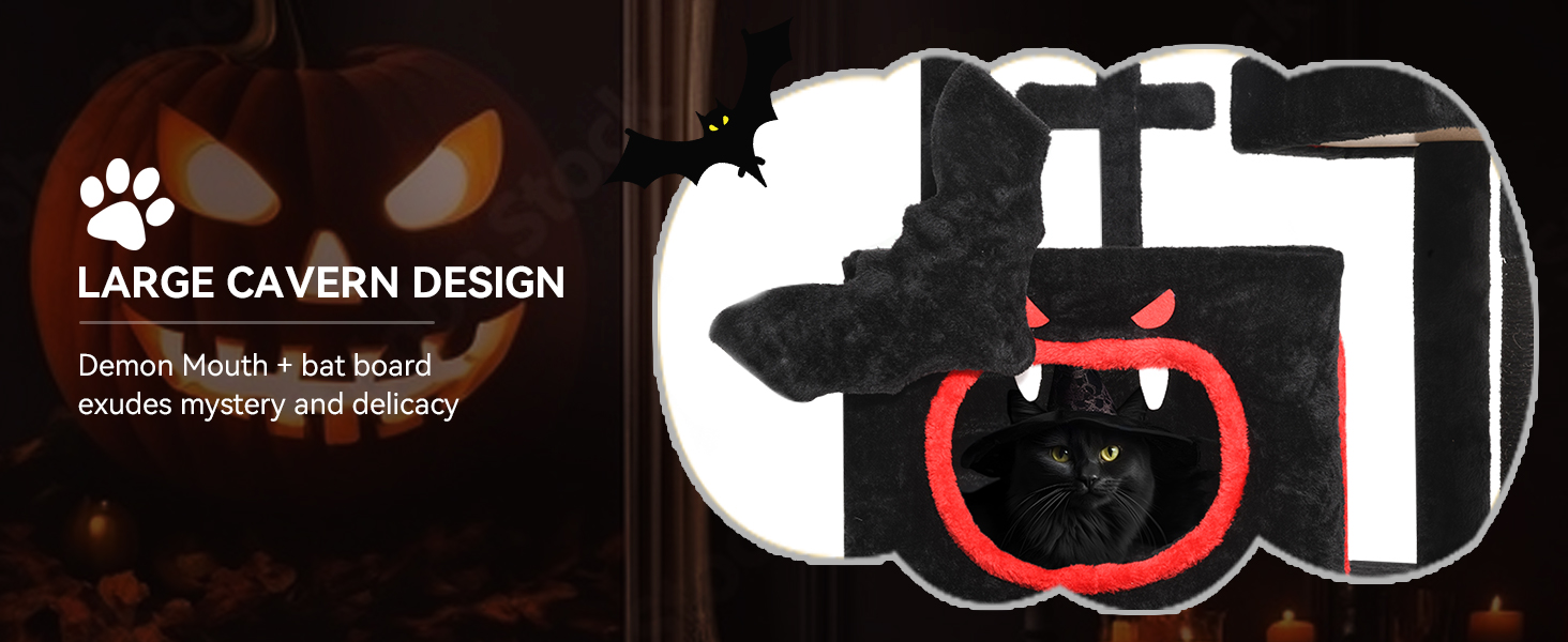 Кігтеточка YITAHOME Готичний XL, 160 см, велика та стійка, з 4 колонами з сизалю, 1 дощечкою для шліфування, гамаком, 2 підвісними кулями-павуками, платформами для сну, чорна, 48 x 60 x 160 см