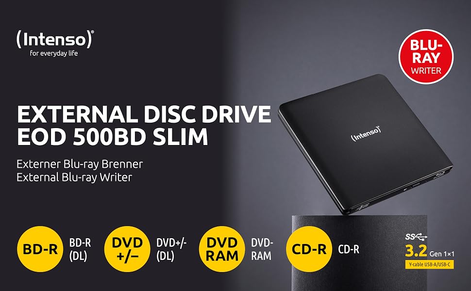 Зовнішній CD/DVD привід Intenso EOD 400D Slim, USB 3.2, для ноутбука та ПК, кабель USB-C та USB-A, Plug & Play для Windows та MacOS, чорний