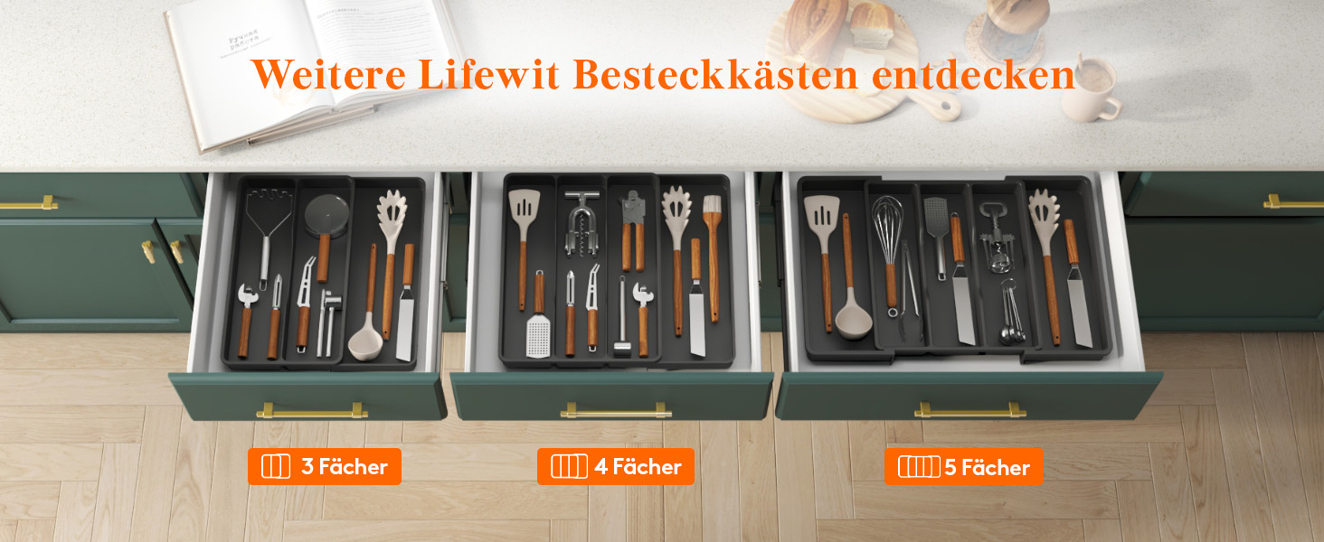 Органайзер для столових приладів Lifewit в шухляду, розширюваний (43.9 см), чорний, 23-37 x 40 x 4.6 см - для кухні, ложок, ножів, лопаток