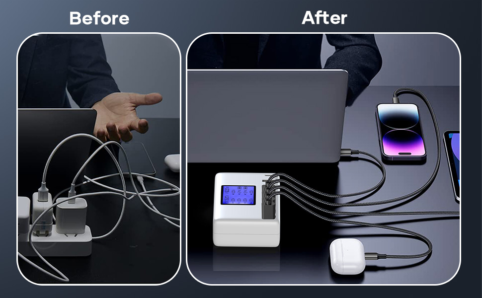 Зарядний пристрій USB 60W, 8 портів, USB-C з LCD дисплеєм для iPhone, iPad, Android, Samsung, Huawei, планшетів, Kindle (білий)