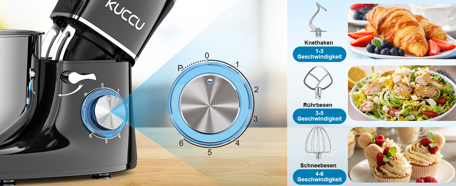 Кухонний комбайн-міксер 1500W з чашею з нержавіючої сталі 7Л, планетарний міксер для тіста з 6 швидкостями та набором насадок (гак, вінчик, міксер), чорний