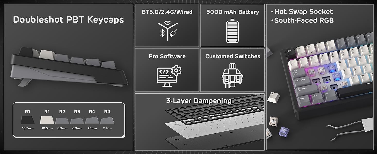 Механічна клавіатура Royal Kludge F99 з NumPad, 95/100 клавіш, Tri-Mode (BT/2.4G/USB-C), Hot-Swap, 5000 mAh, тихі перемикачі