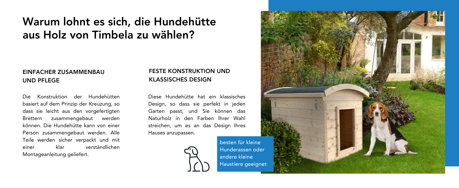 Будка для собак Outdoor маленьких порід – дерев'яна будка для собак, водостійкий дах 76 x 99 x H80 см, розмір S, Timbela M401-1 розмір M, 76x99xH80cm, натуральне дерево