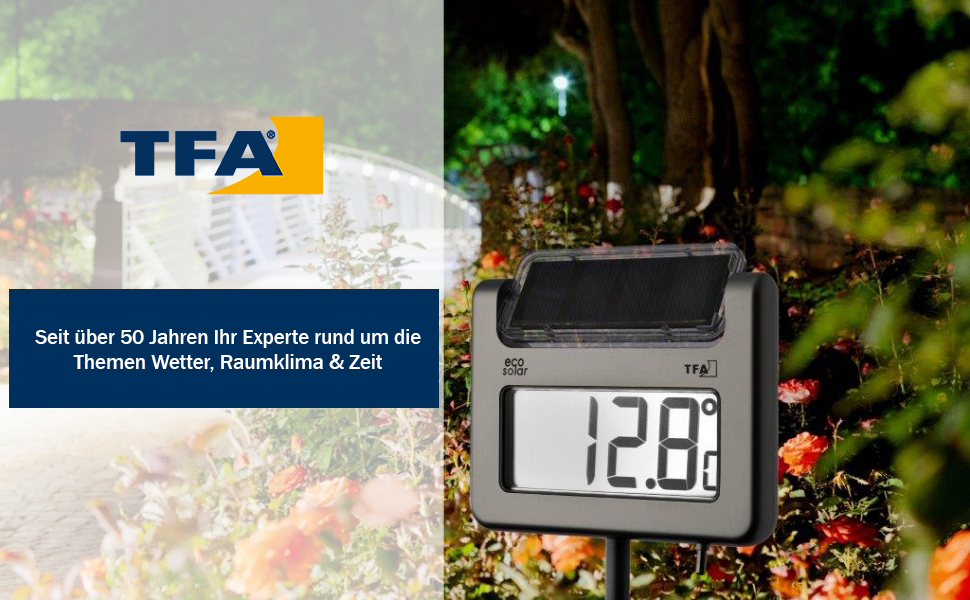 TFA Dostmann Avenue Digital Solar Garden Thermometer, 30.2026, with Light Sensor, Time Display, High/Low Values, Height 1145mm, Silver