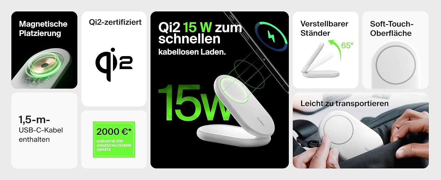 Белкін BoostCharge Магнітний складний бездротовий зарядний пристрій Qi2, 15 Вт, сумісний з MagSafe для iPhone 17, Air, 16, 15, 14, 13, 12, Pixel, з підтримкою Standy-режиму – білий