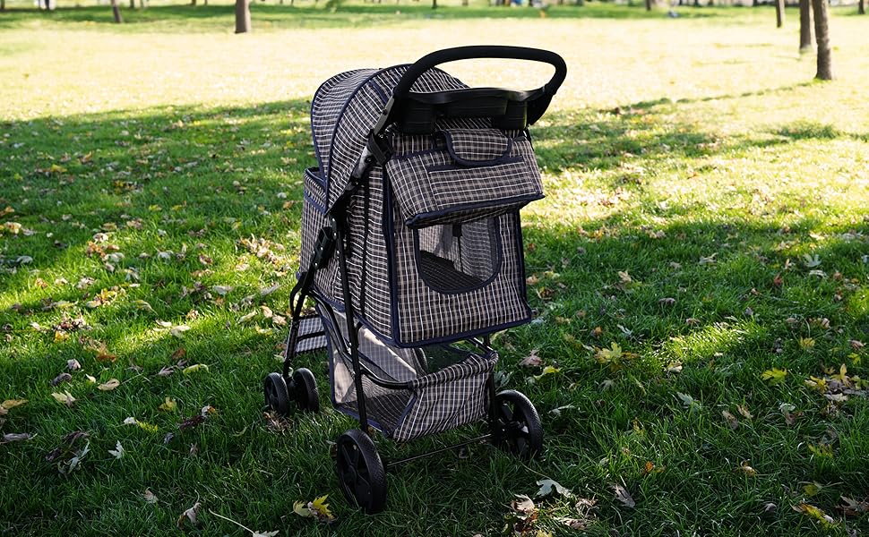 Візок для тварин Monster Shop з сумкою, знімний, синій тартан, складний, до 15 кг, колеса, гальма, сітка, кошик, тримач для напоїв, кишені, водонепроникний захист від дощу