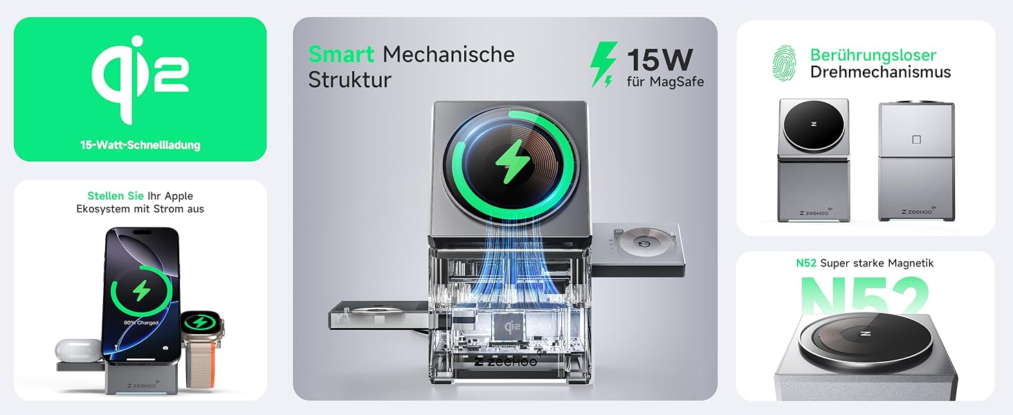 ZEEHOO 3-в-1 зарядний станція для Apple MagSafe: зарядка для iPhone, Apple Watch та AirPods (30W USB-C), сірий