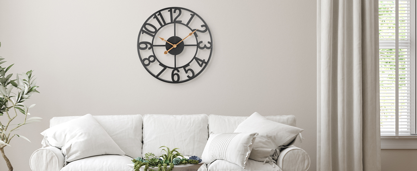Large European Industrial Vintage Wall Clock with Roman Numerals, Silent No Ticking Sounds Metal Wall Clock, Decorative Wall Clock for Living Room, Kitchen, Bedroom - (Black Arabic, 50cm)