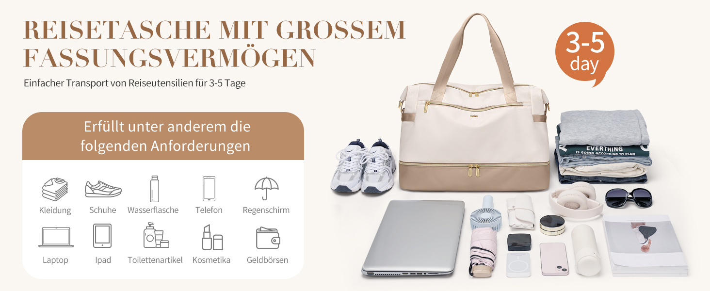 Сумка дорожня VNINE Weekender 30л бежева з відділенням для взуття та косметички, водонепроникна спортивна сумка для ручної поклажі, сумка для пологового будинку/подорожей