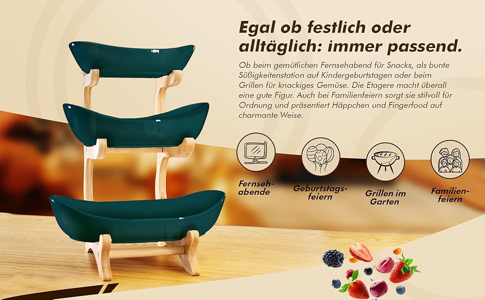 Керамічна фруктова тарілка на бамбуковому підставці, 3 яруси, для фруктів, закусок, випічки, стильна, сучасна, зелена