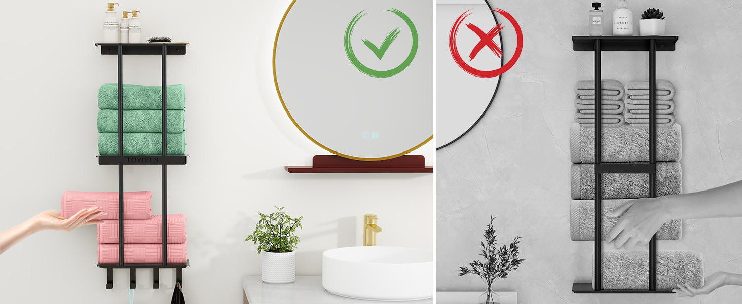 Чорний триярусний тримач для рушників з металевою полицею та 4 гачками, 86 см