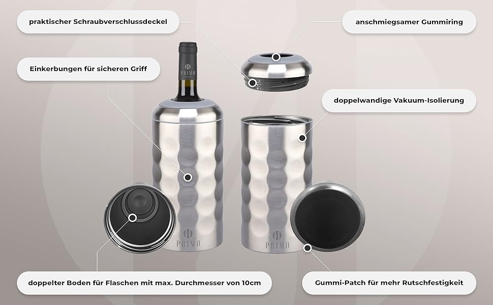 PRIMØ Germany® Охолоджувач для вина з кришкою: для вина, шампанського, секту. З нержавіючої сталі, подвійних стінок, вакуумна ізоляція. Охолоджувач пляшок, для холодних напоїв