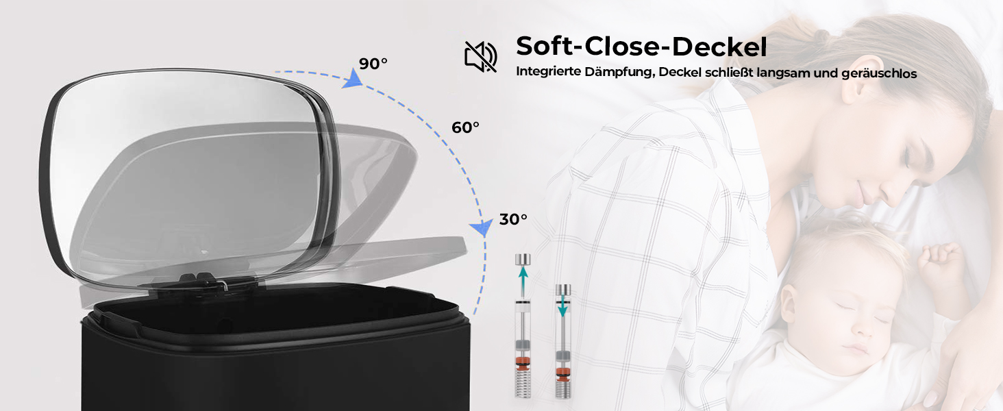 Відро для сміття LIFERUN 30л з кришкою, з м'яким закриттям, сталеве, з внутрішнім відром, для кухні, ванної кімнати, офісу, чорне