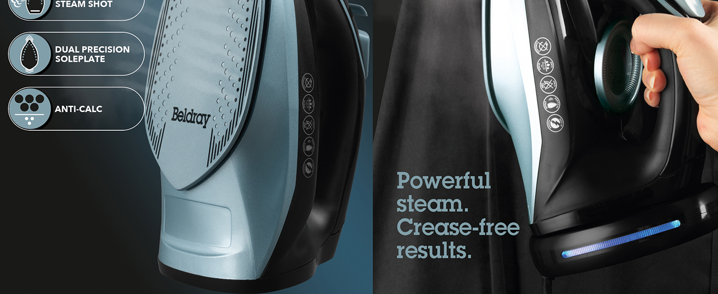 Праска Beldray 2600 Вт – керамічна підошва з антипригарним покриттям, регулювання температури та пари, самоочищення, резервуар 280 мл, до 140 г/хв, висока потужність (EU-штепсель, блакитний)