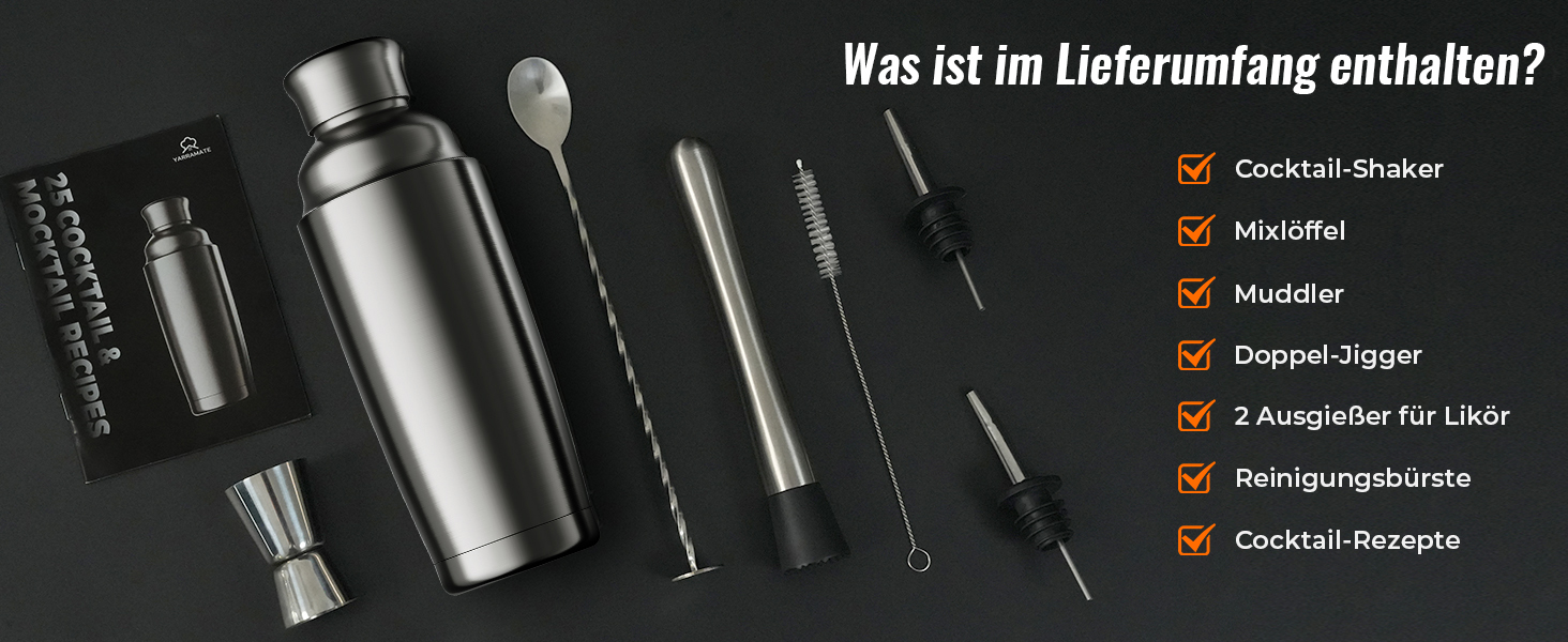 Набір шейкерів для коктейлів YARRAMATE 700 мл, 8 предметів з нержавіючої сталі, з вбудованим ситом, для дому та барів