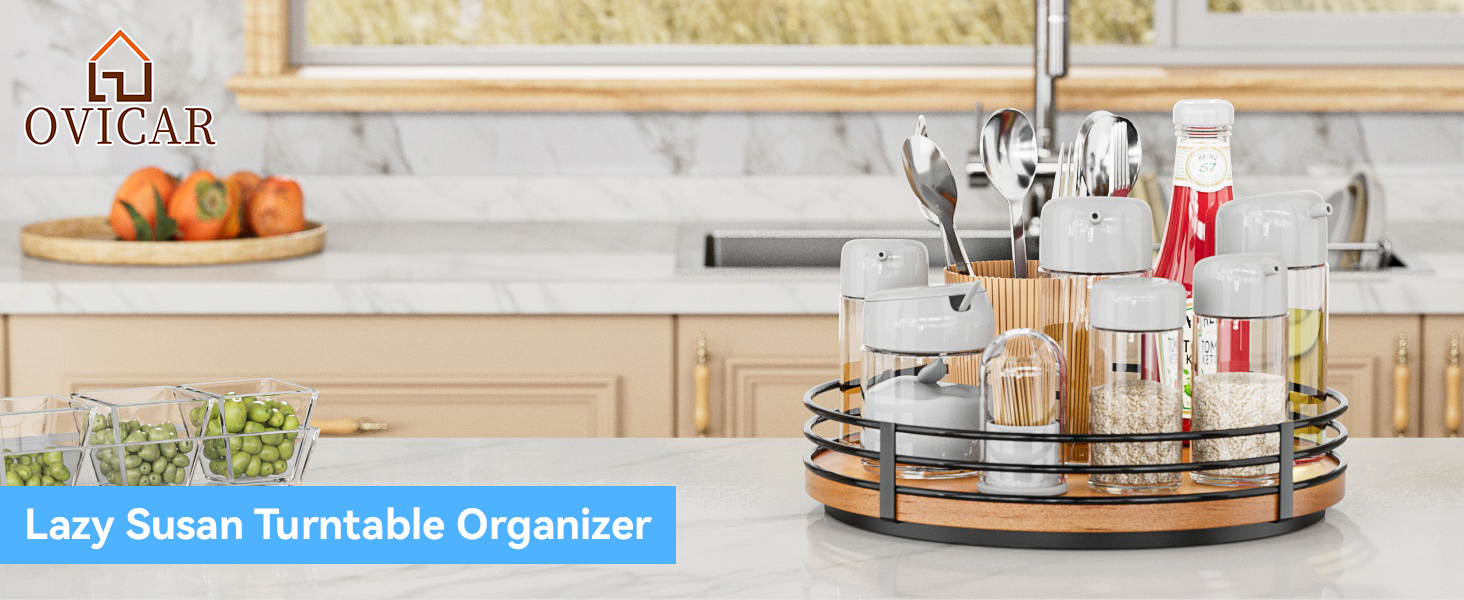 Wooden Lazy Susan Turntable Organizer, round, for cabinet, kitchen, countertop, pantry, dining table, bathroom, cafe, bar, spice storage, home decor
