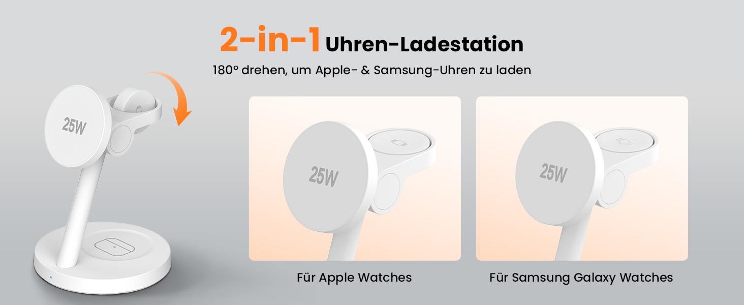 Зарядна станція JoyGeek 3-в-1 з магнітною індукцією 25W для iPhone 17/16, Apple Watch, Samsung Watch та AirPods. Білий матовий.