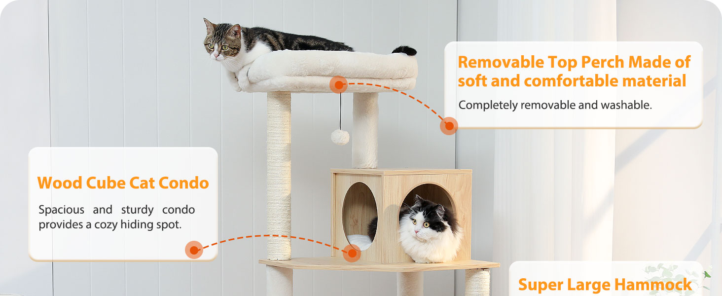 Дерев'яний кігтеточка для котів Petpela Katzenbaum 143см з гамаком та лежаком, обтягнутий сизалевим мотузком, бежевий