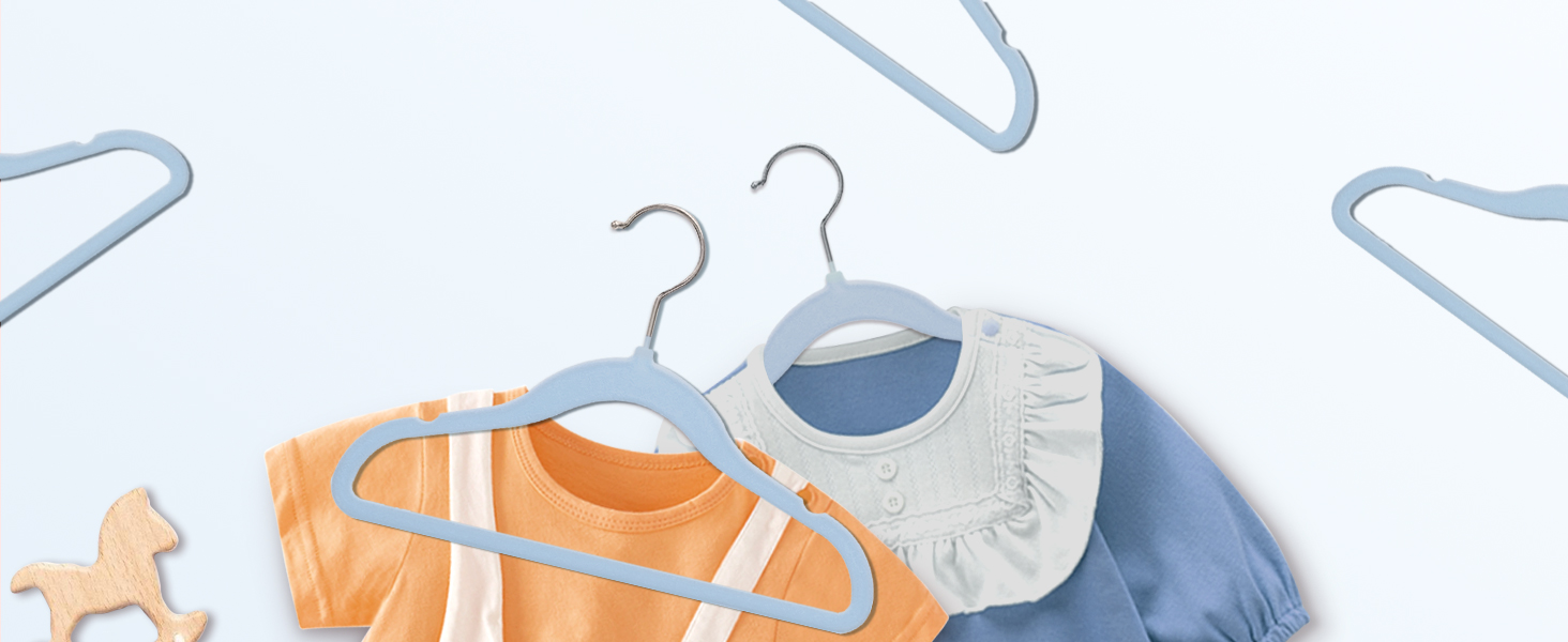 Дитячі вішалки для одягу, 28 см, м'які вельветові вішалки з 360° обертовим гачком, антиковзкі вішалки для одягу, економія місця для немовлят та малюків, 32 шт., блакитні