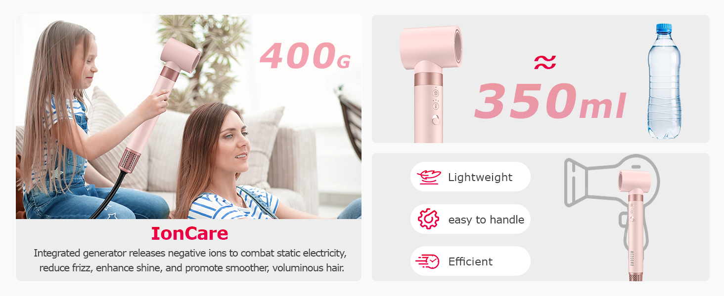 MESCOMB Airstyler 5-в-1: Іонний фен та мультистайлер для волосся з насадками. Швидке сушіння, локони, об'єм, випрямлення. Без пошкодження волосся. З дорожньою сумкою. Рожевий колір