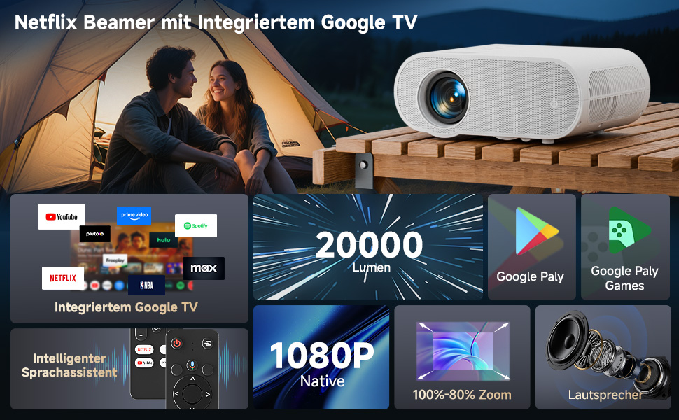 Beamer Beamer C10: 4K LED проєктор для дому з Google TV, Play Store, 1080P, сумісний зі смартфоном/ноутбуком/HDMI