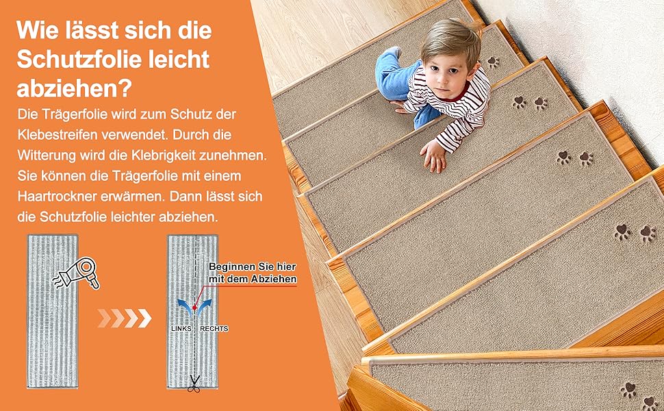 BEQHAUSE Non-Slip Stair Treads - 15 Piece Set, Washable Carpet for Stairs - Safe for Kids, Seniors & Pets - 22x70cm Beige
