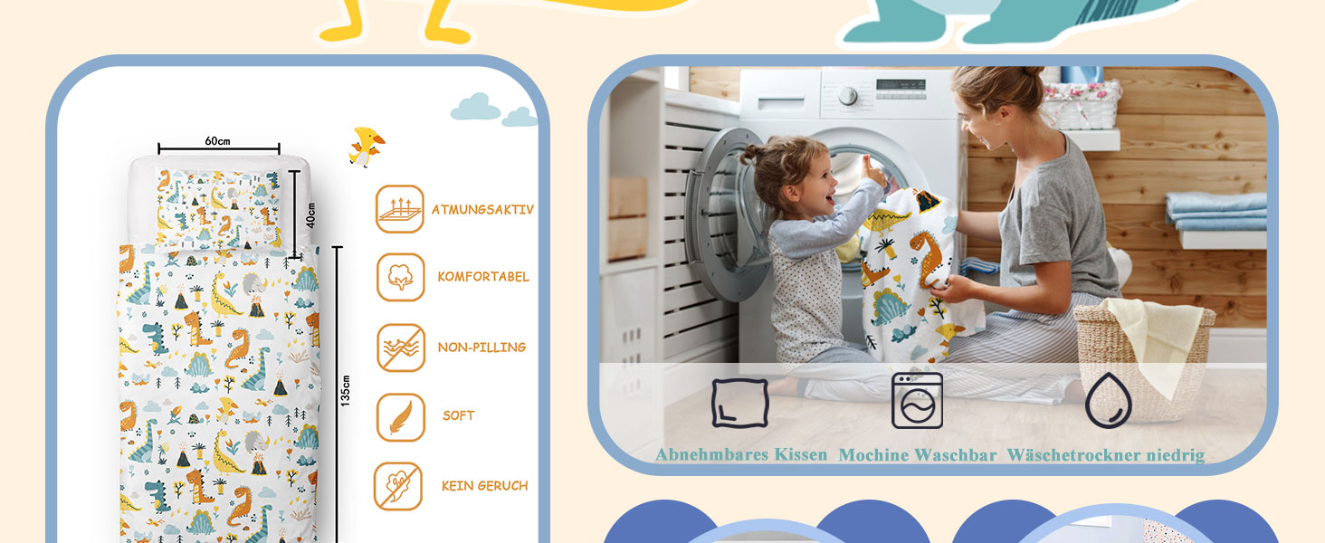 Комплект постільної білизни для ліжечка DJDEA для хлопчиків з динозаврами, 100x135 см, мікрофібра, 2 шт. (простирадло 100x135 см + наволочка 40x60 см)