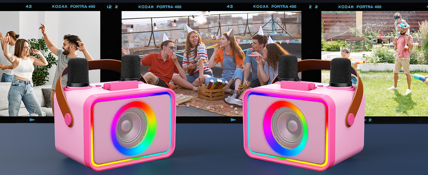 Караоке Машина з 2 Мікрофонами: Портативна Bluetooth Колонка для Караоке з Мікрофонами - Ідеальний Подарунок для Дорослів та Дітей на Різдво та День Народження (Квітково-Рожевий)