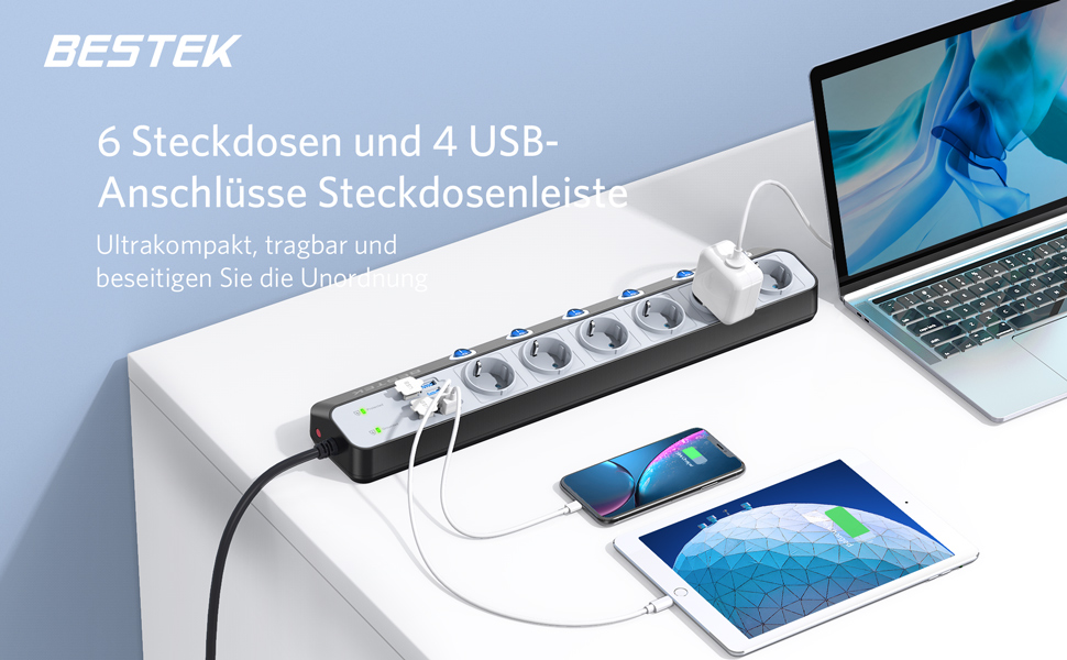 BESTEK 6-фазна мережева стрічка з USB, захист від перенапруги 900 Дж, монтаж на стіну, синьо-біла, кабель 1.8м