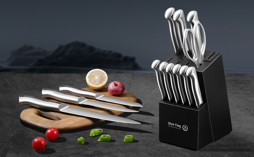 Набір кухонних ножів Qianying з блоком: 14 предметів. Набір ножів з підставкою, точилка, срібний колір. Кухонні ножі, подарунок для мами. Преміум якість.
