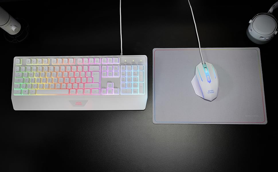 MARSGAMING MCP124: Ігровий комбосет 3в1 з клавіатурою H-Mech LED RGB, мишею 3200DPI з HUANO Switches та килимком Nanotextil 360x260mm, сумісний з усіма платформами, іспанська розкладка, чорний