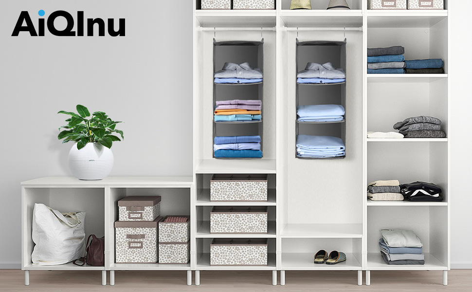 Органайзер для шафи AiQInu з 3 відділеннями, підвісний, бамбуковий, сірий (з гачками)