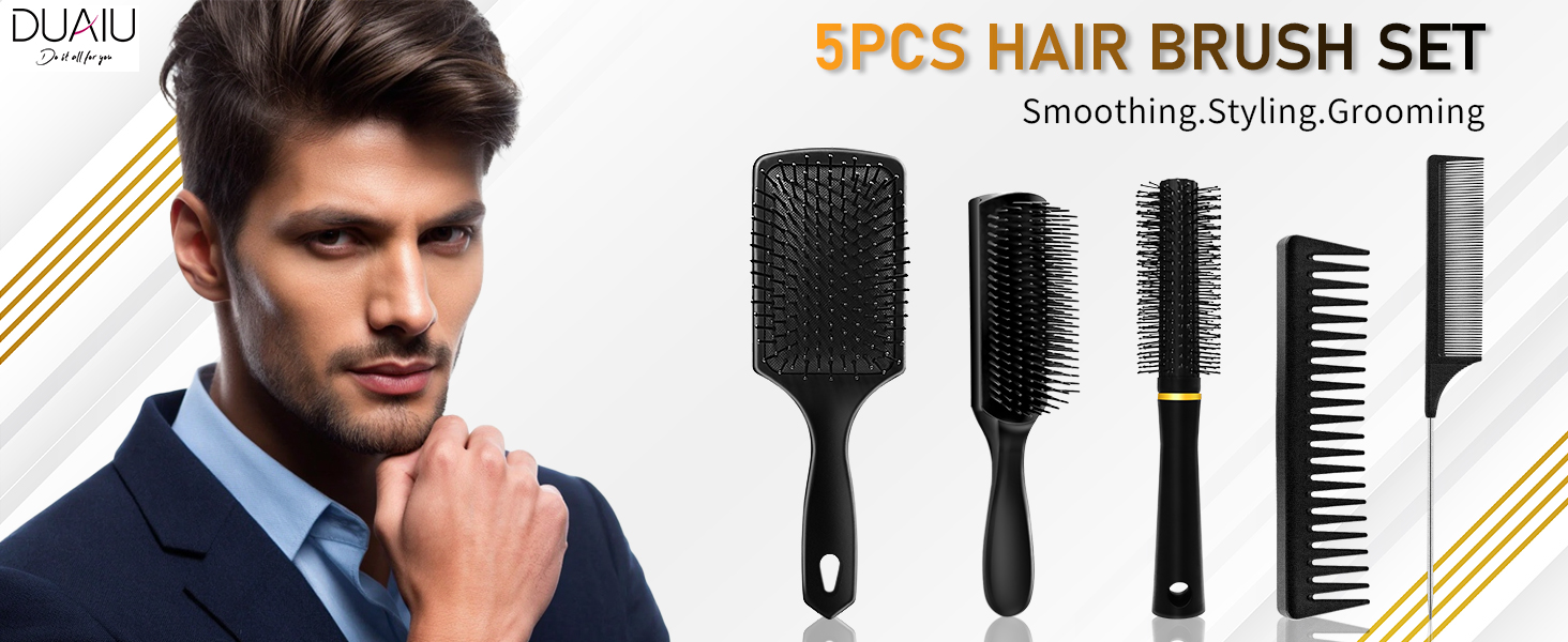 Набір гребінців для чоловічого стайлінгу DUAUI: 5 шт. для всіх типів волосся. Гребінець-щітка, гребінець для розчісування, круглий гребінець, гребінець з широкими зубцями, гребінець-хвостик. Професійні інструменти для перукарів