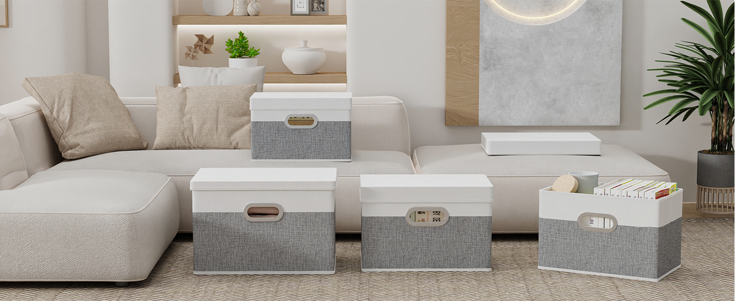 Yawinhe 3-Piece Storage Boxes with Lids, Foldable Fabric Box with Handles, Storage Boxes, for Bedroom, Clothes Storage, 32x23x20cm, SNK023G-3 (32x23x20cm/3-Pack, White/Gray)