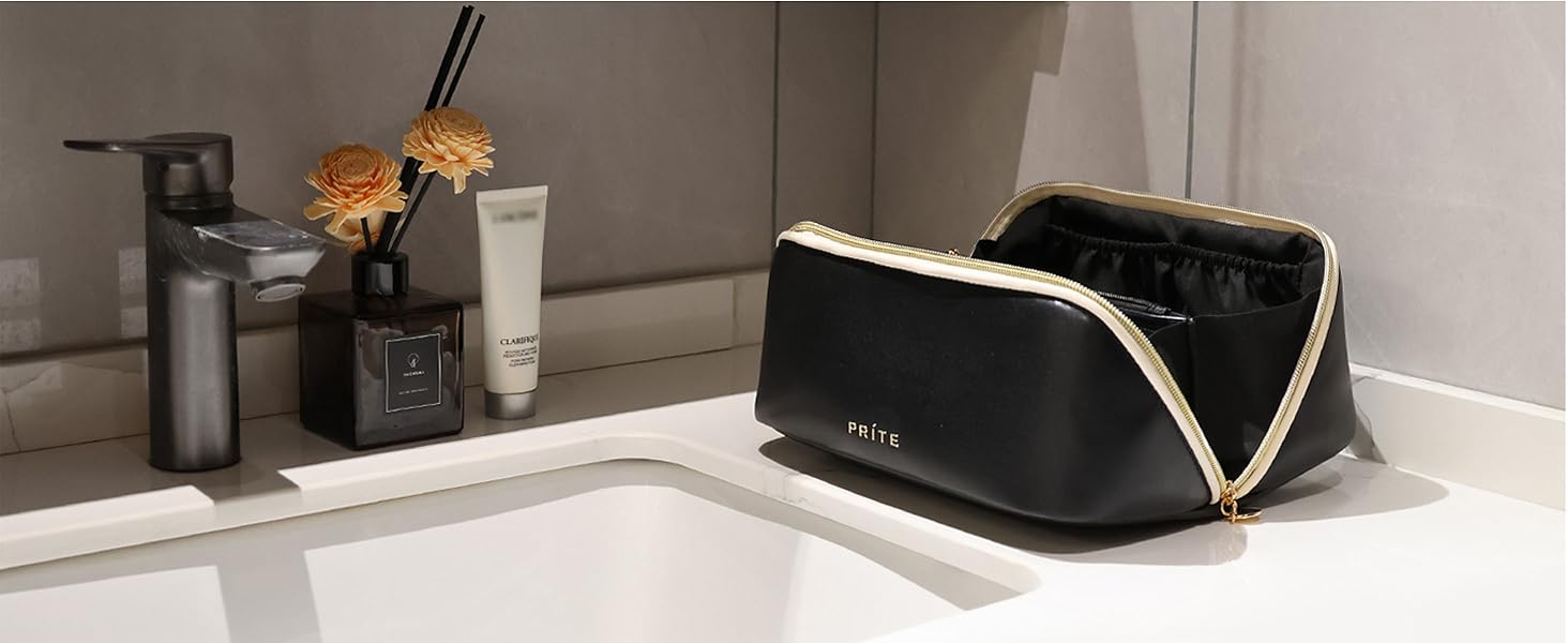 Косметичка велика містка для подорожей, водонепроникна з PU-шкіри, з прозорими перегородками та ручкою, бежева