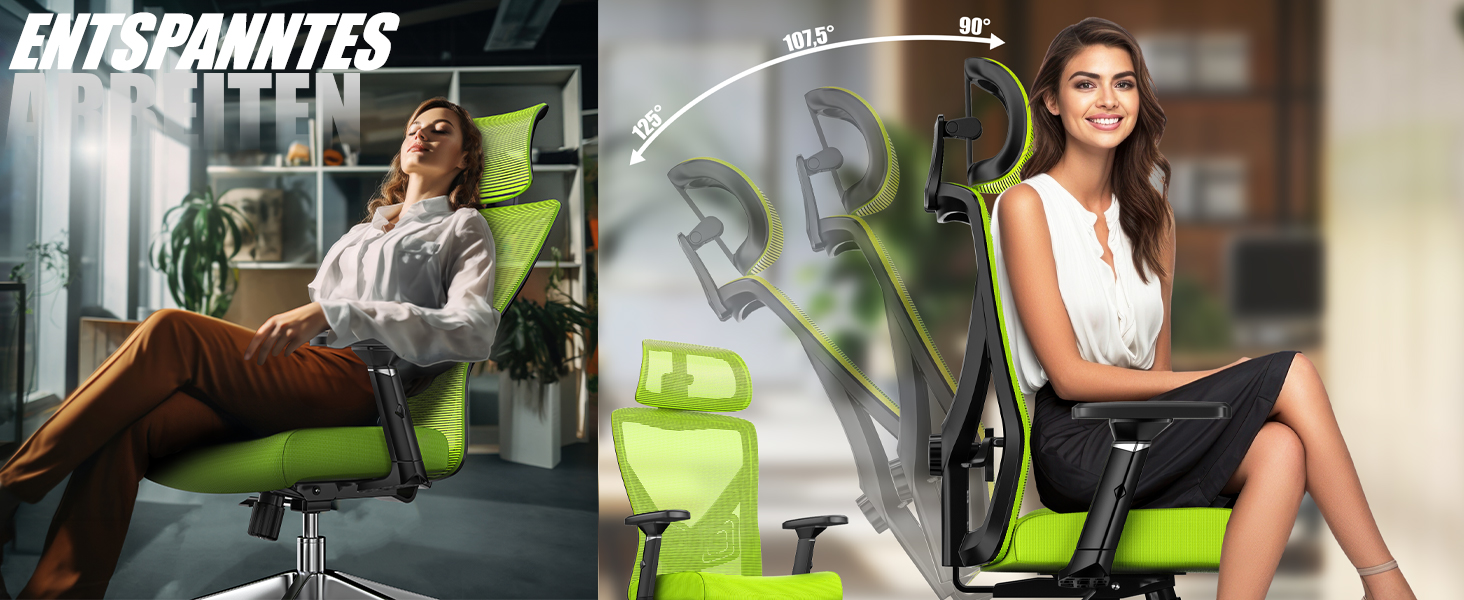 Крісло офісне KESSER® ергономічне з регульованими підлокітниками, підтримкою попереку та підголівником. Офісне крісло з функцією гойдання до 125° та 5 роликами. Зелений/Сріблястий колір