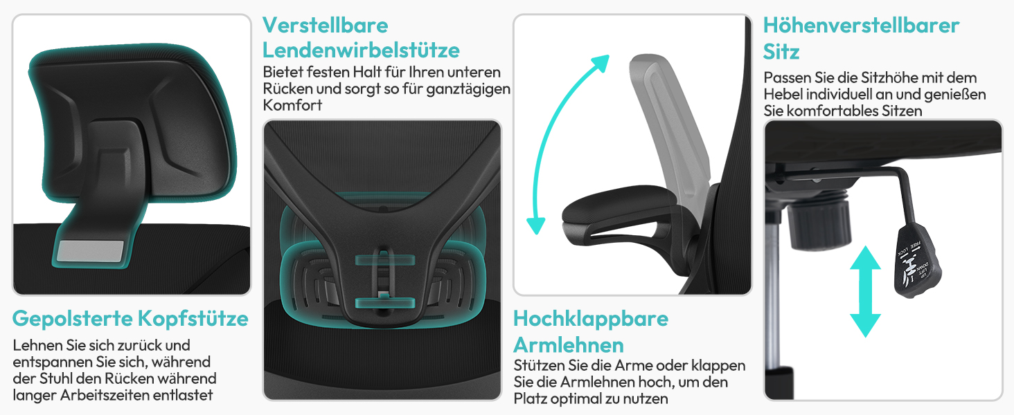 Офісне крісло Yaheetech ергономічне, з підйомними підлокітниками, регульованою підголівником, функцією гойдання, чорне, до 136 кг