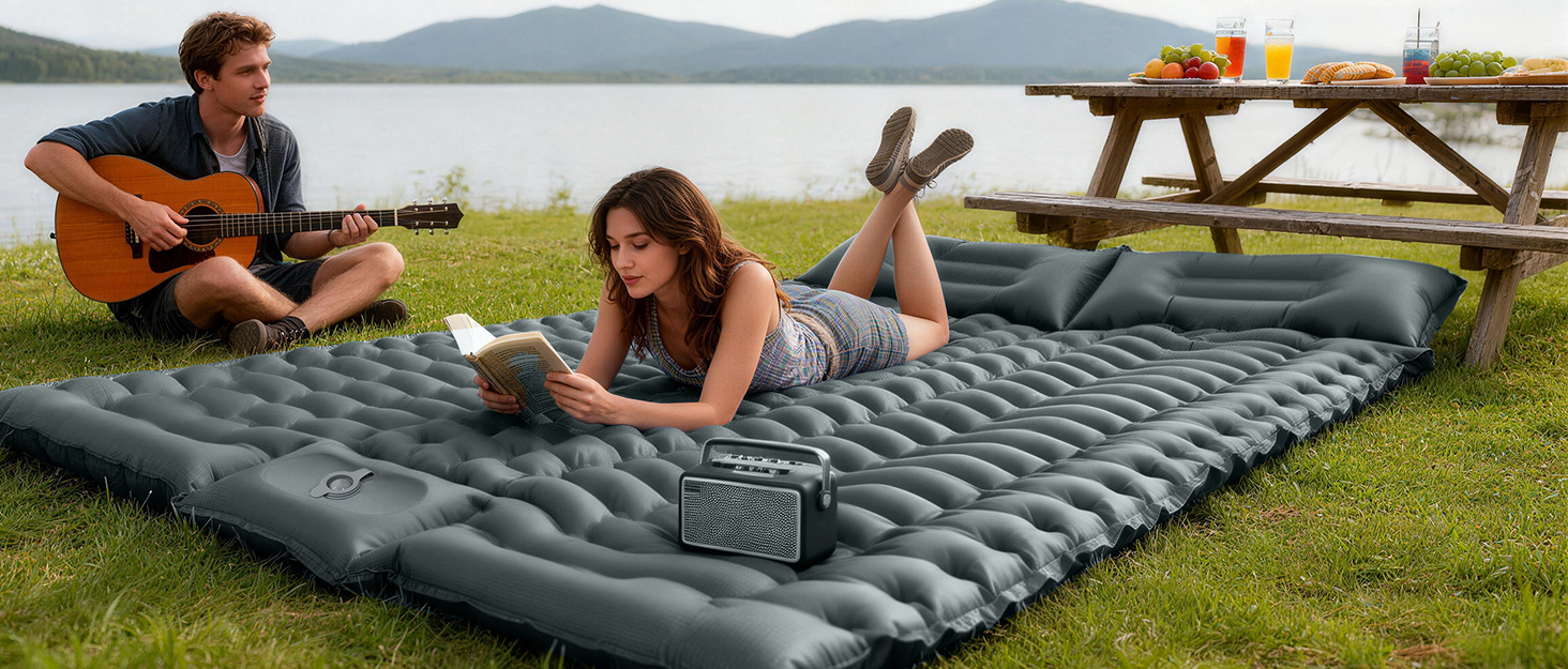 Надувний килимок для кемпінгу LAMA Doppel 200x140x10 см для двох осіб з помпою та подушкою, блакитний