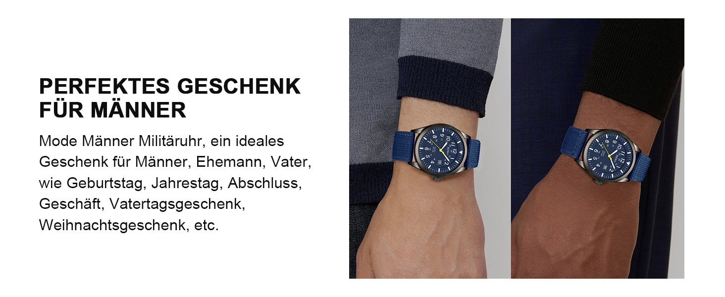 HANPOSH чоловічий годинник: тактичний годинник для військових, армійський годинник з датою, водостійкий (3ATM), кварцовий годинник для активного відпочинку та спорту (блакитний, сірий, блакитний)