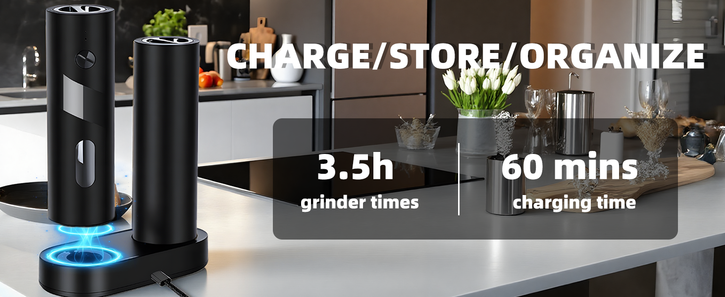 Набір електричних мельниць для солі та перцю з заряджною станцією, об'єм 110 мл, 5 ступенів помелу, керамічна млинка, щітка, 2 шт., чорний