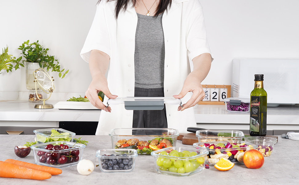 Набір контейнерів для зберігання продуктів Glas, 18 шт. (9 контейнерів, 9 кришок) - безпечні для миття в посудомийній машині, мікрохвильовій печі та морозильній камері, без BPA, сірий