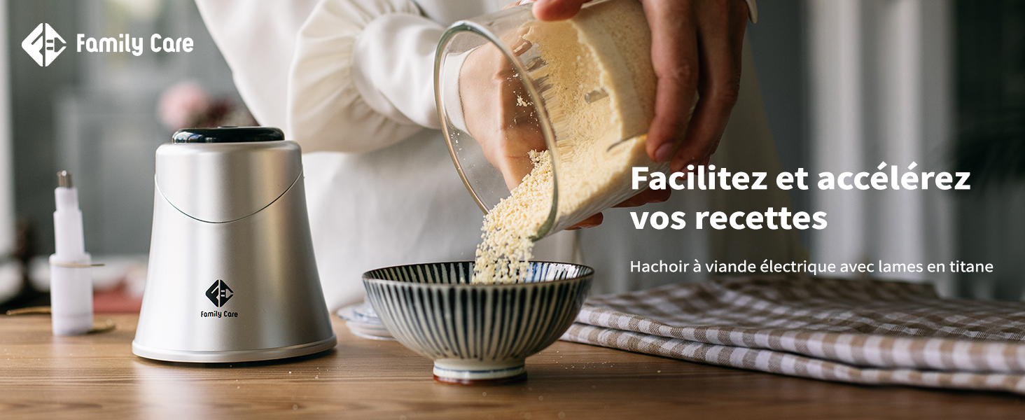 Електричний подрібнювач Family Care для кухні: 3 титанові леза, 300W, скляна чаша 600 мл, багатофункціональний, для м'яса, цибулі, овочів, горіхів, льоду