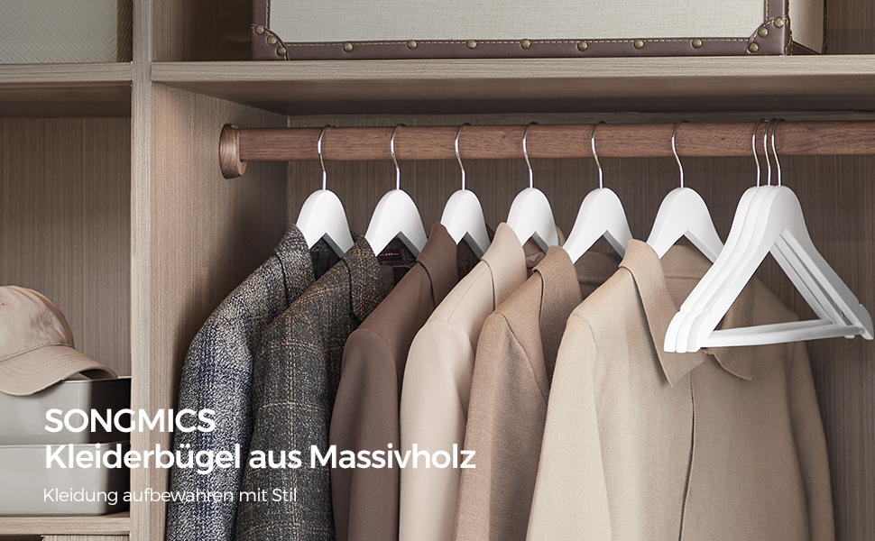 Плечики для одягу SONGMICS, 20 шт., дерев'яні, для костюмів та сорочок, з антиковзним вигином, поворотний гачок, натуральний колір + срібло
