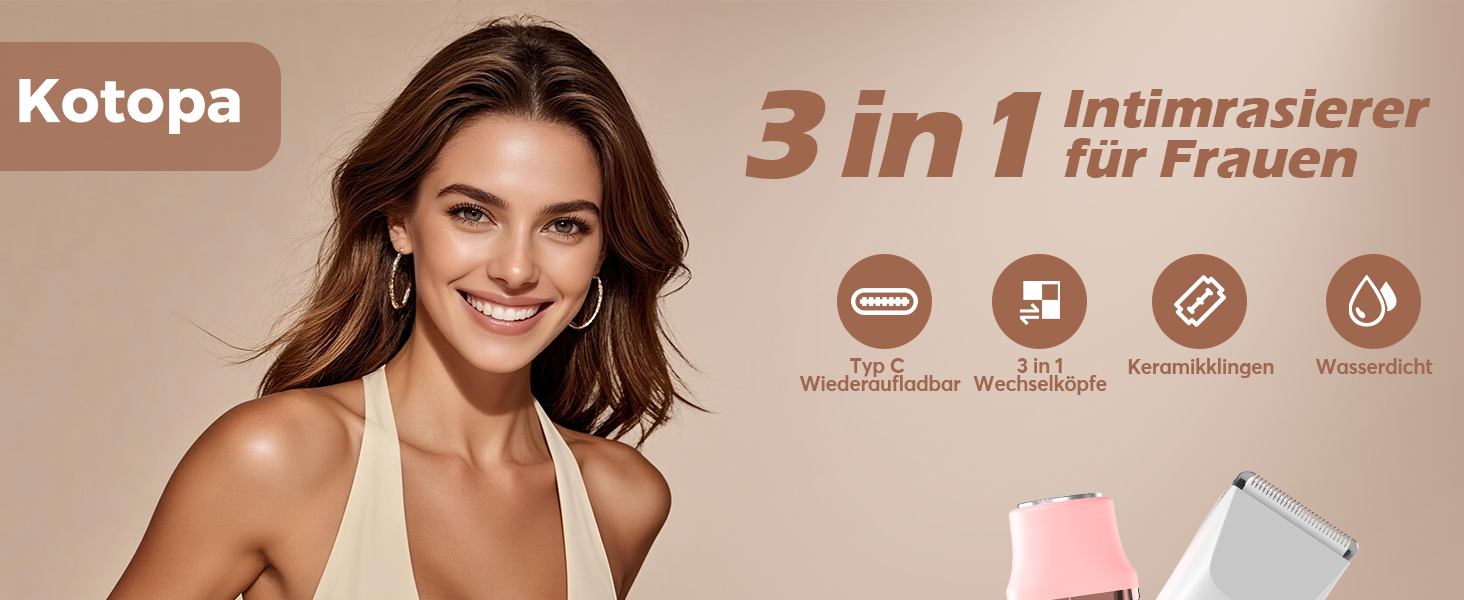 Електричний тример для інтимної зони для жінок 3-в-1, для бікіні, обличчя та тіла, бездротовий, водонепроникний, для чутливої шкіри (білий)