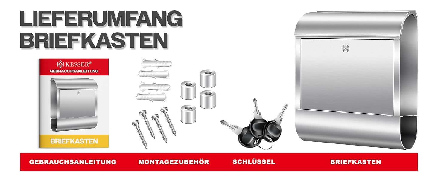 Поштовий ящик настінний KESSER® XXL нержавіюча сталь срібний з газетницею, замок + 3 ключі, вологостійкий, порошкове покриття